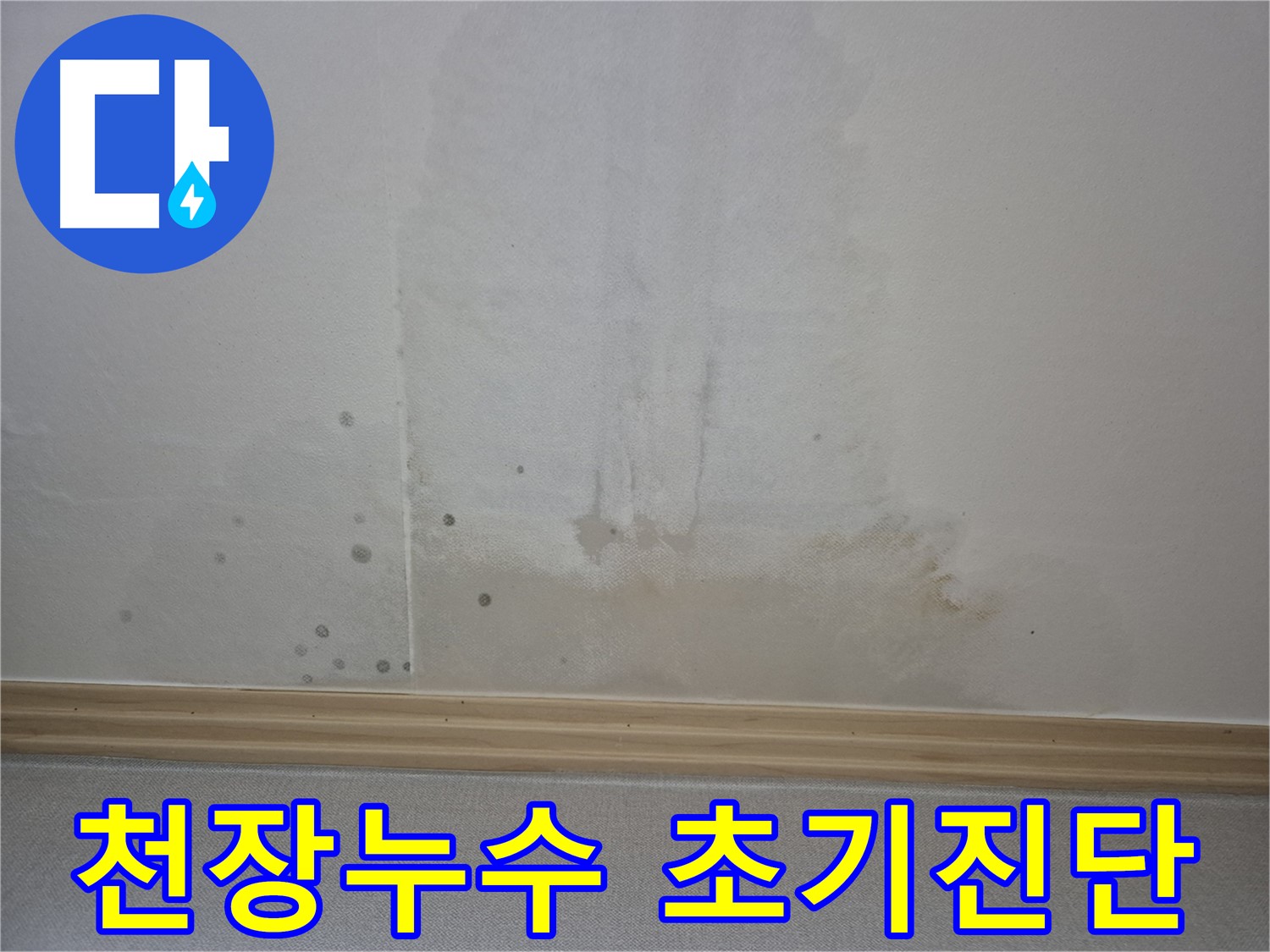 심각하게 얼룩진 천장과 들뜬 벽지 - 누수 진행 상태를 보여주는 사진