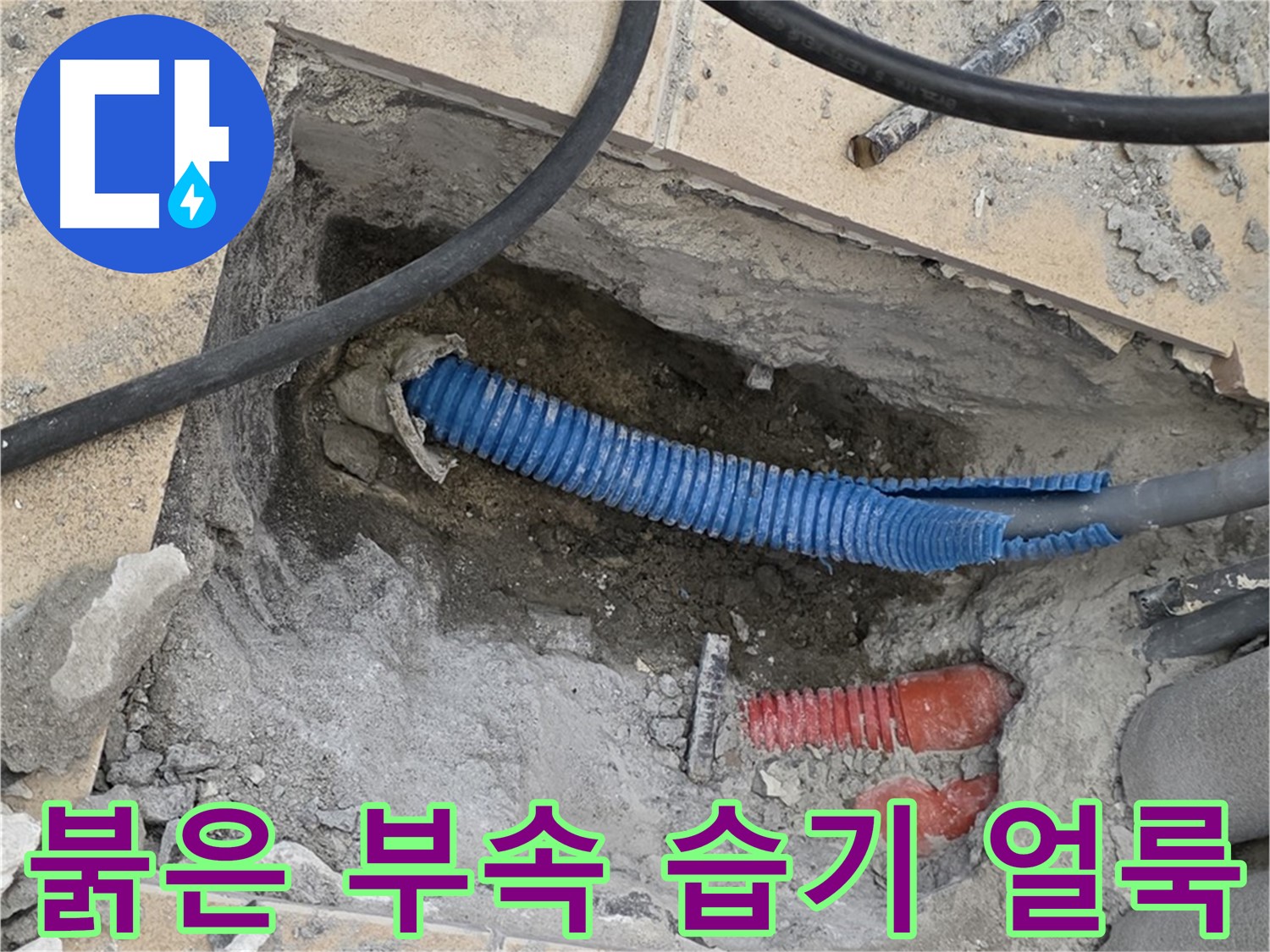 삼숭동 자이 누수 - 굴착 후 붉은색 부속과 습기로 얼룩진 시멘트 바닥 발견