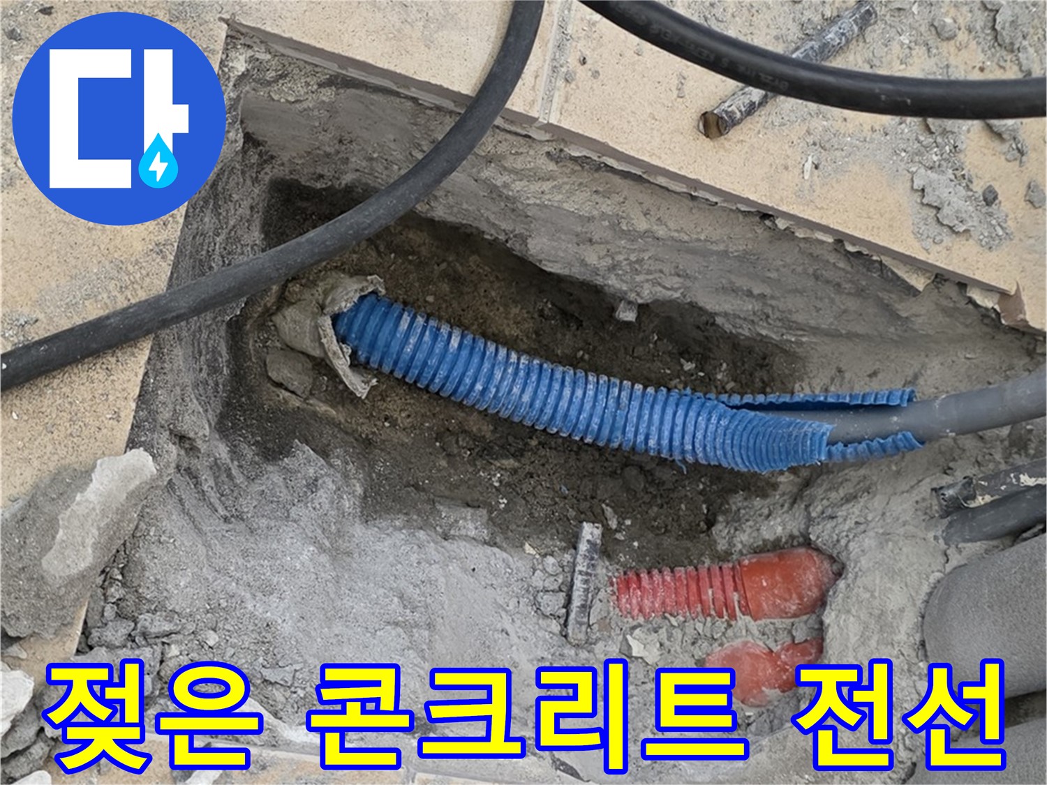 양주 삼숭동 자이아파트 누수 - 굴착 후 젖은 콘크리트와 꼬불거리는 파란 전선관