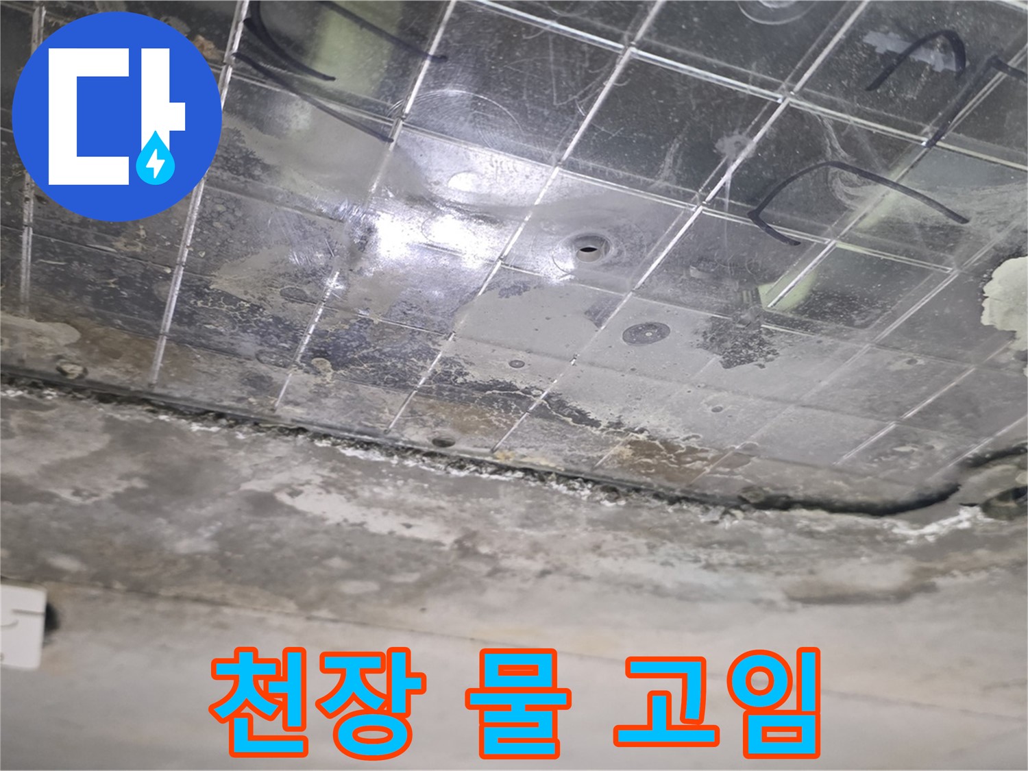 천장 물 고임 - 누수로 인해 천장에 물이 심하게 고여 있습니다.