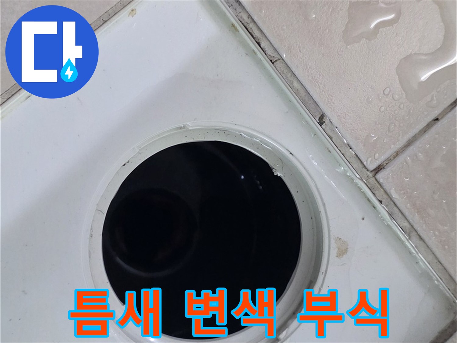 양주 서광아침의빛아파트 욕실 배수구 주변 타일 틈새 변색 및 부식 - 누수 원인과 관련된 틈새 상태를 점검합니다.