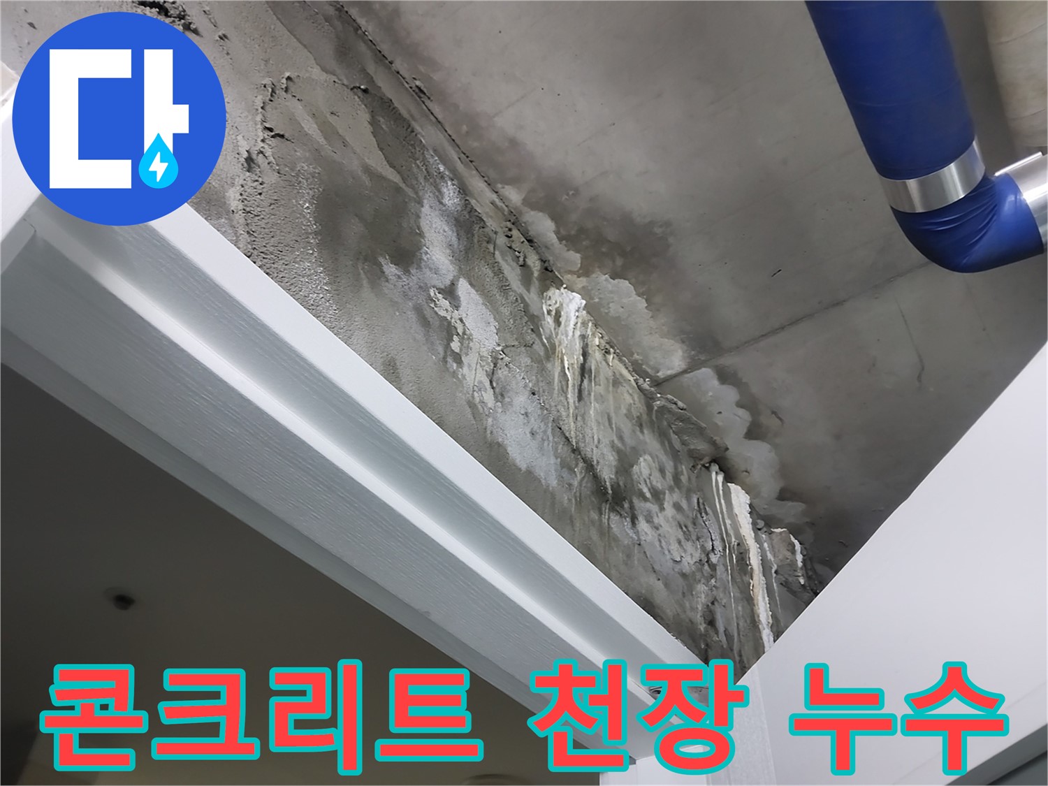 콘크리트 천장 누수 - 콘크리트 천장에 광범위하게 퍼져 있는 누수 자국을 보여주는 사진입니다.