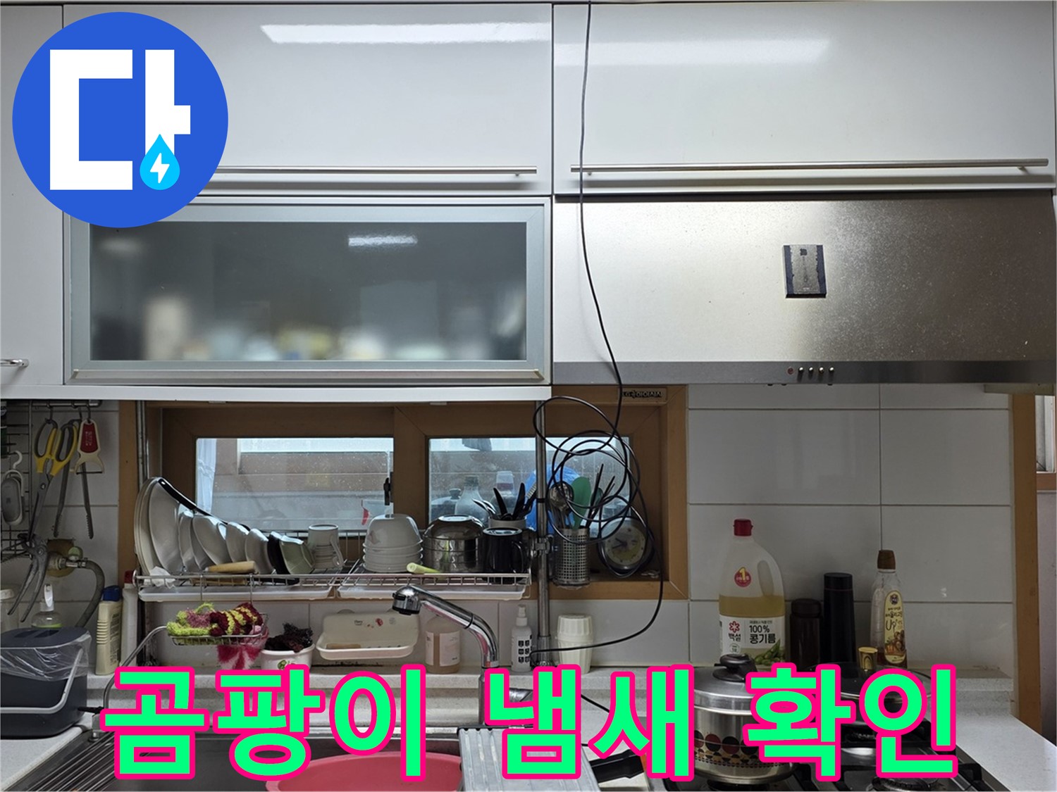 르.메이에르 장안타운 누수 - 주방 싱크대 하부장 곰팡이 냄새 원인을 파악하고 누수를 확인하고 있습니다.