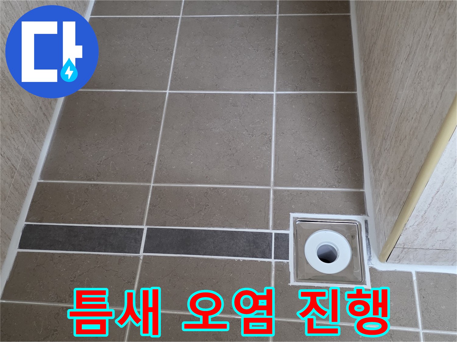 배수구 주변 타일 틈새 - 오염 진행
