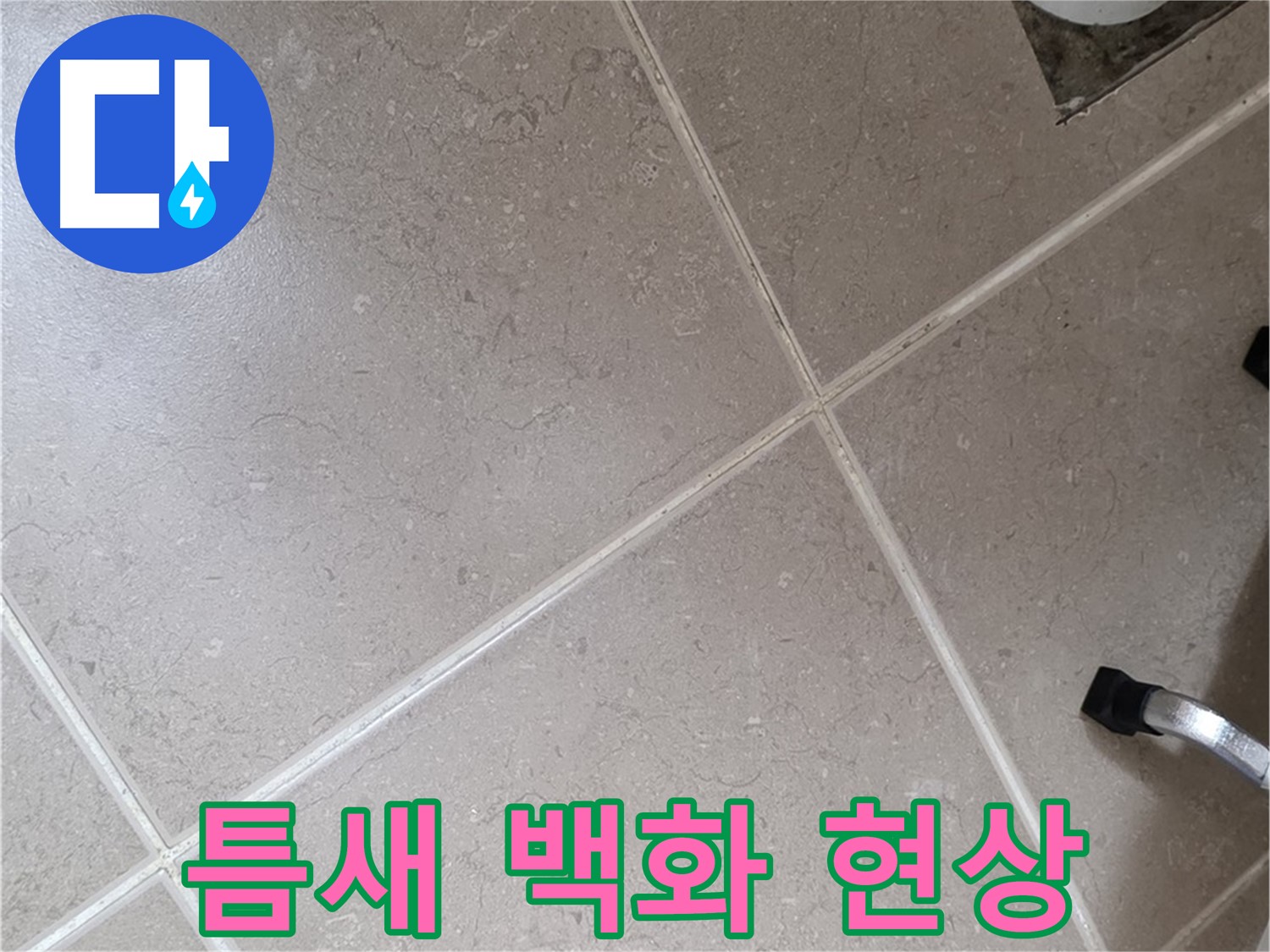 포천시 일동면 운악청계로 욕실 배수구 주변 타일 틈새 백화 현상 - 물이 증발하면서 생긴 자국일 수 있습니다.