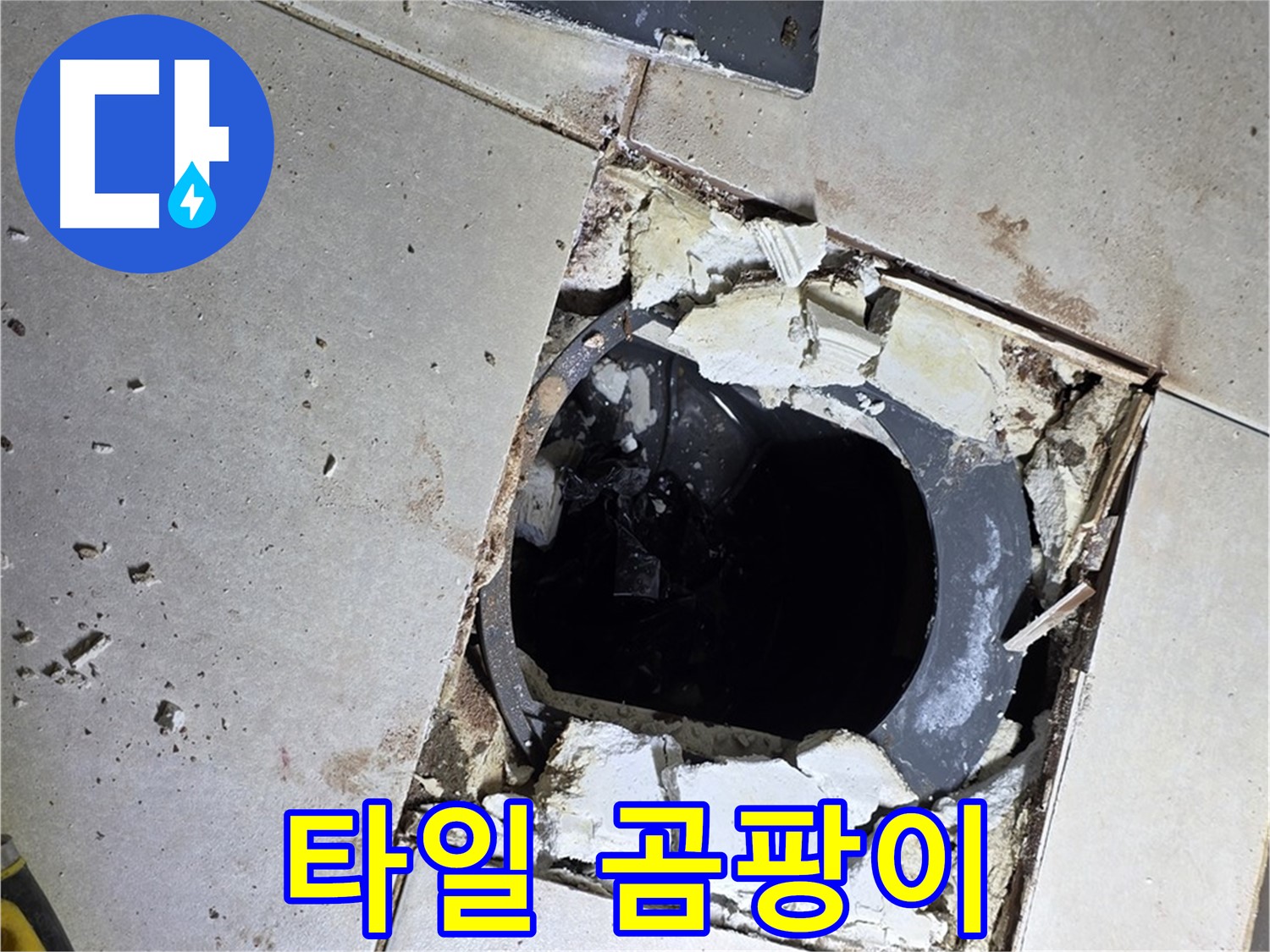 양주 옥정동 욕실 누수 - 율정마을13단지 배수구 주변 깨진 타일 조각과 곰팡이의 흔적