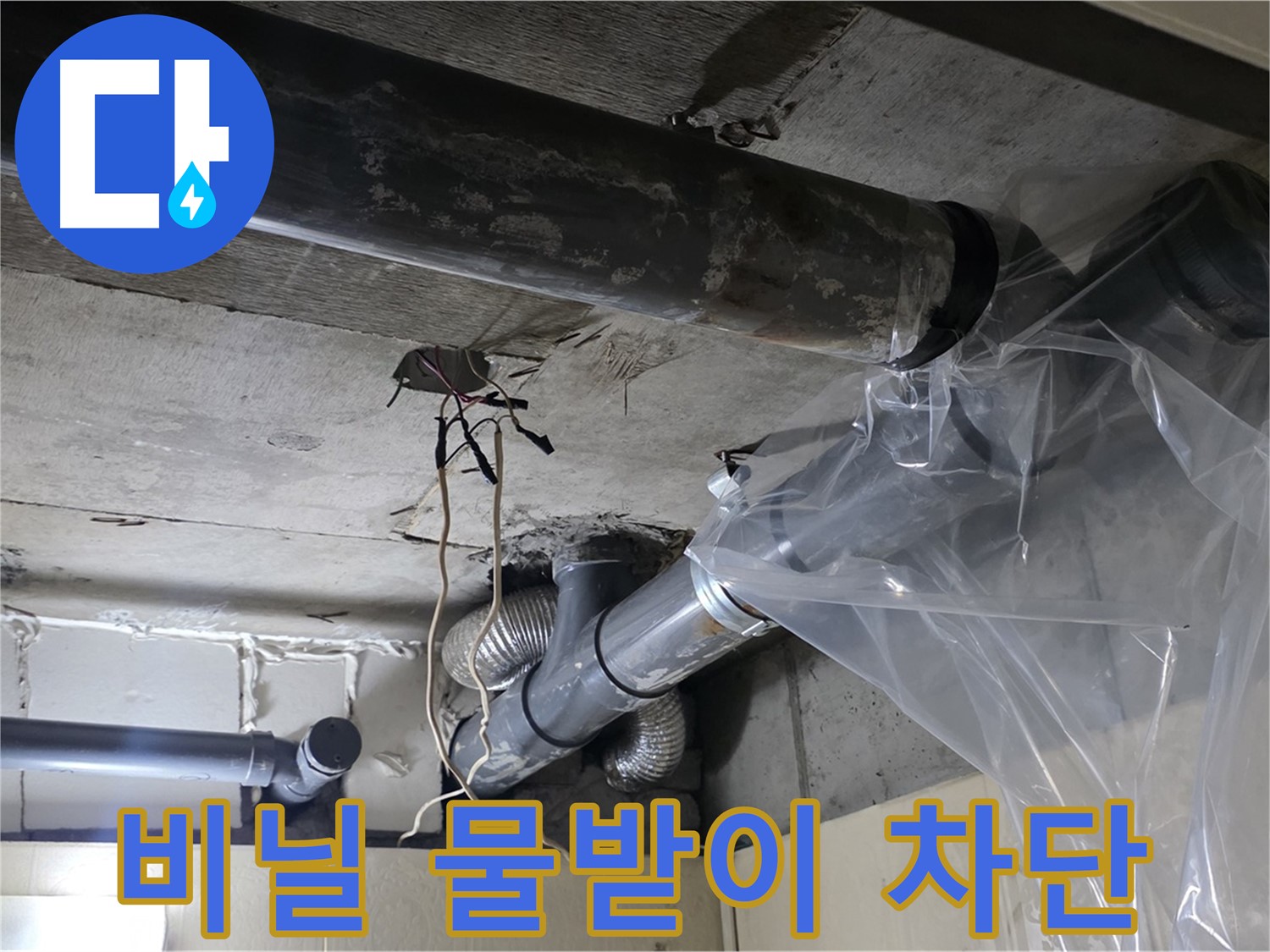 신사동 누수 - 배관 누수 방지 투명 비닐로 임시 물받이 완벽 차단 준비 완료