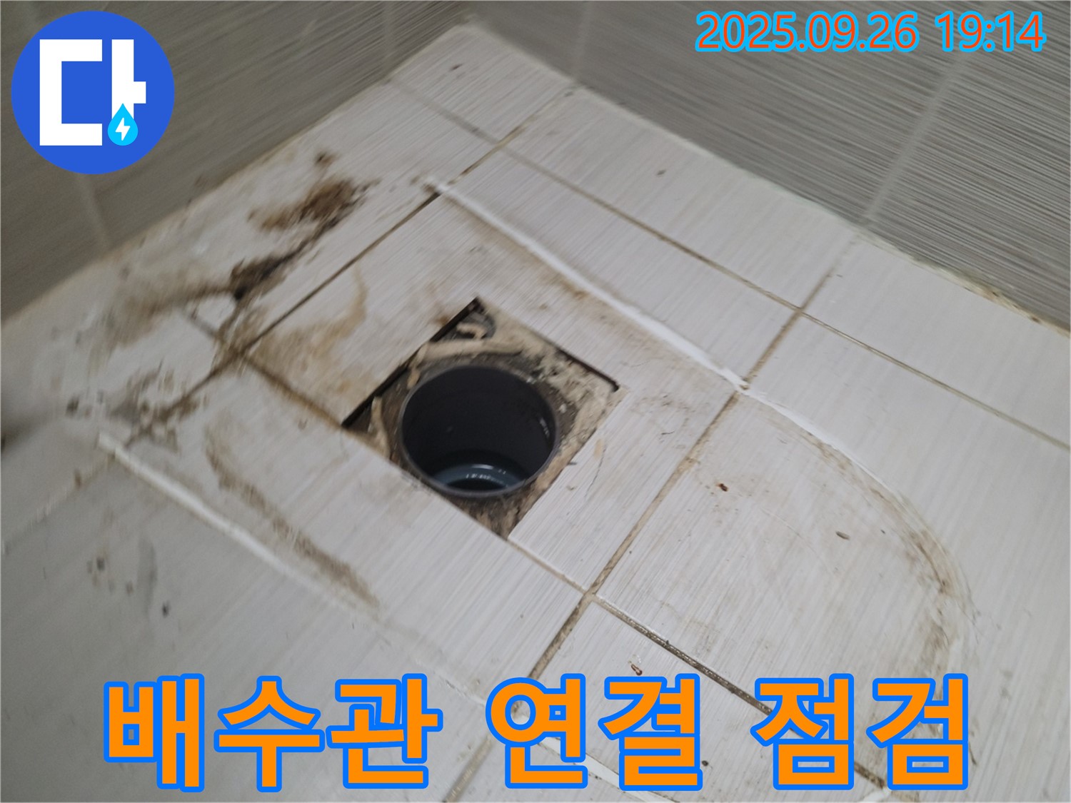 동두천시 봉암동 누수 - 배수구 주변 타일 제거 후 배수관 연결 부위를 집중적으로 점검하는 모습