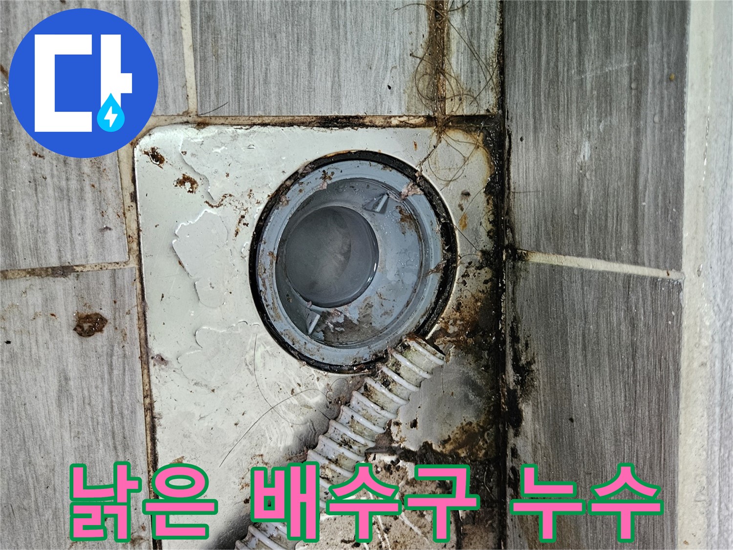 노후된 욕실 배수구 - 낡은 배수구 주변의 균열과 손상으로 인해 누수가 발생할 수 있습니다.