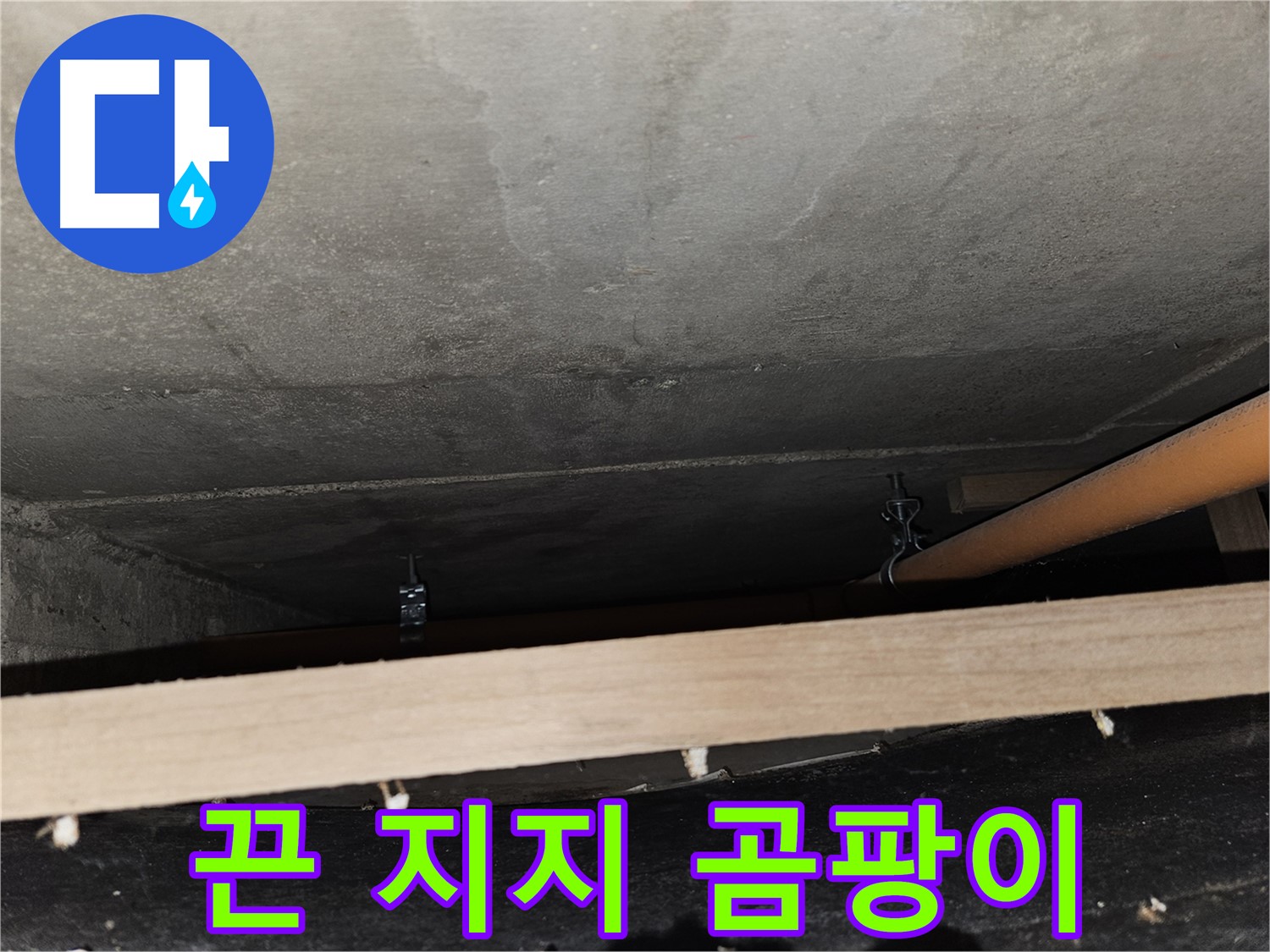 천장 배관 - 임시 끈 지지 - 곰팡이, 습도 문제, 해결 필요