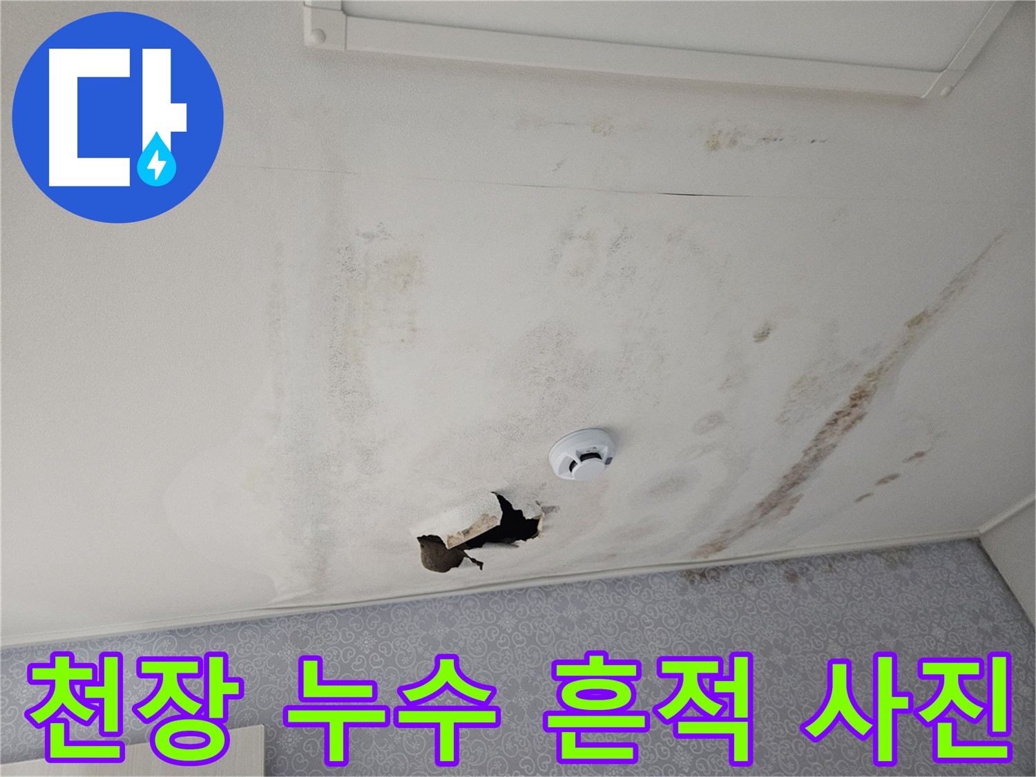천호동 강동리버스타운 아파트 천장 누수 - 천장에 물이 떨어진 흔적이 선명하게 보이는 사진