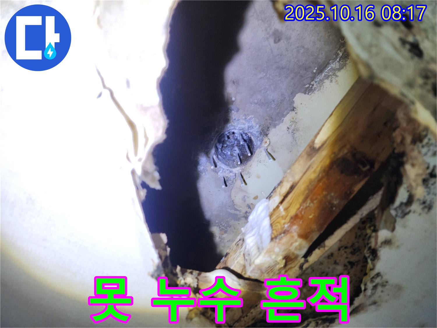 양주시 남면 경신리 천장 누수 - 배관에 박혔던 못으로 인한 누수 흔적을 발견했습니다.