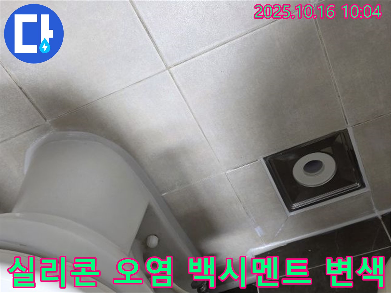 양주 율정마을 화장실 누수 - 변기 주변 타일 틈새 실리콘 오염 및 백시멘트 변색으로 인한 누수