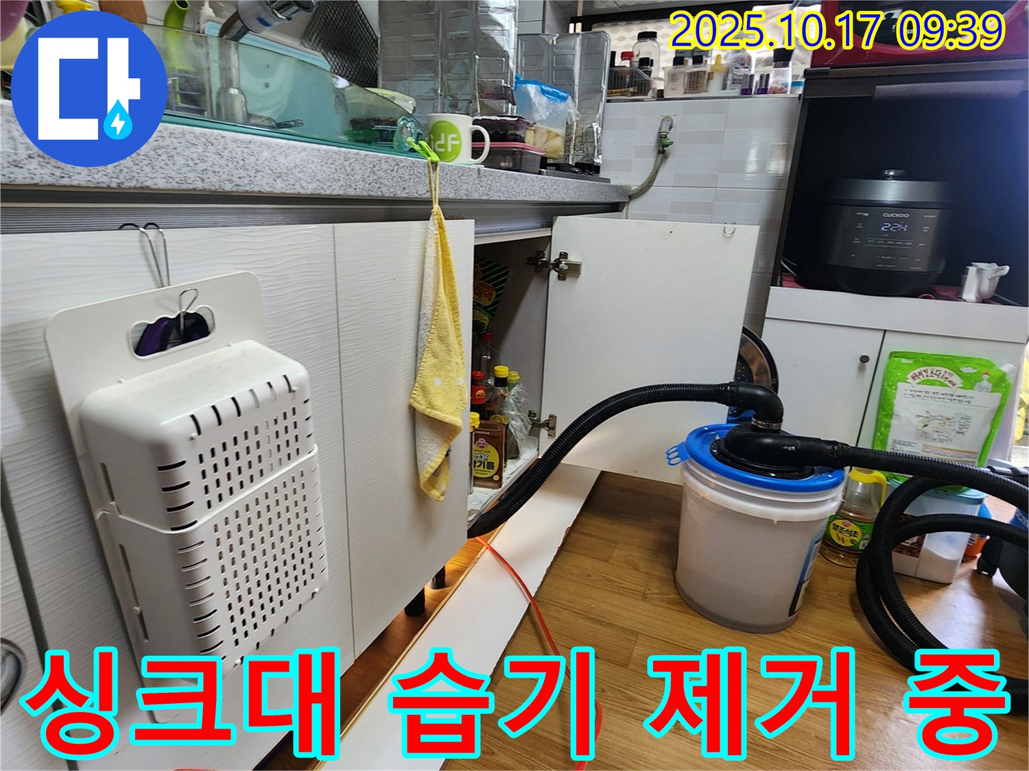 양주시 남면 한산리 낡은 주택 싱크대 하부장 습기 제거 작업 - 전문 장비로 꼼꼼하게 습기를 제거하는 모습입니다.