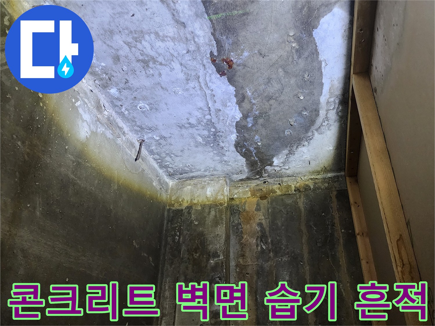 누수 피해 부위-습기로 인해 변색된 콘크리트 슬래브 구조물