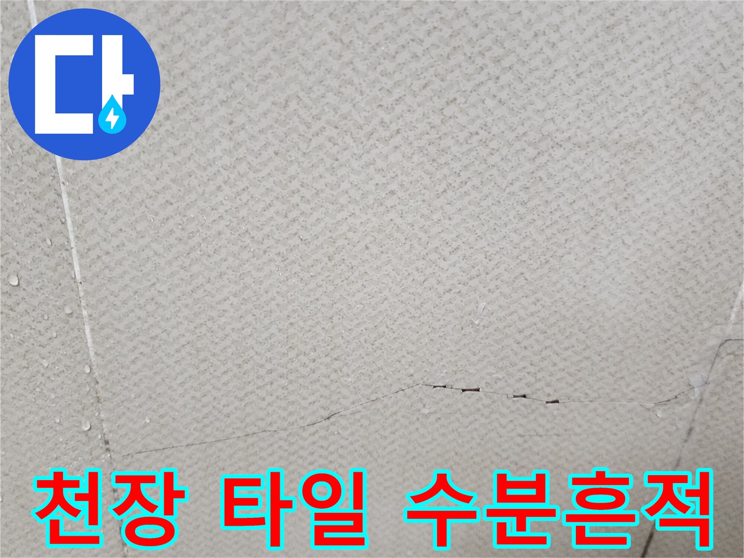 습기가 맺힌 듯한 욕실 천장 타일의 갈라진 틈새 부위