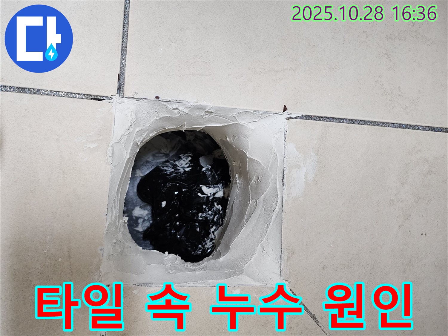 타일 속 누수 원인 파악 - 정확한 누수 원인 파악을 위해 타일 속을 꼼꼼하게 살펴봅니다.