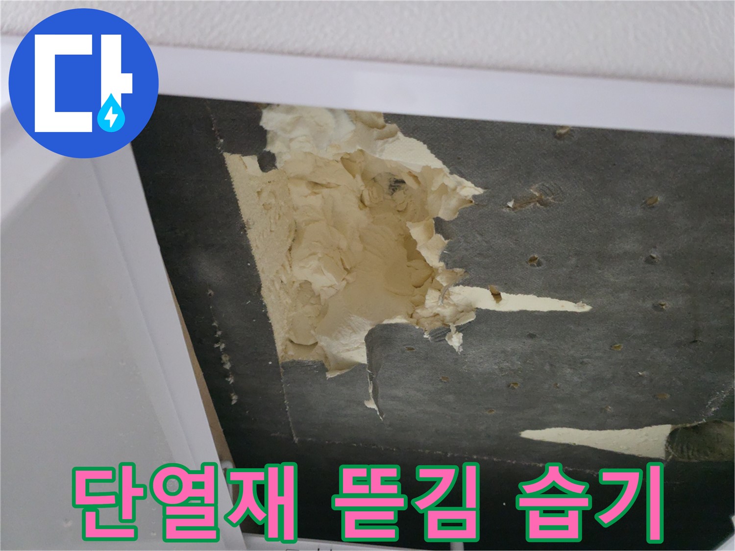 뜯겨지고 습기 찬 천장 단열재 - 누수 의심
