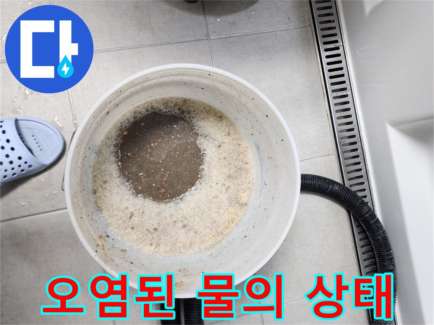 양동이 속에 담긴-탁하고 불투명한 배수 오수