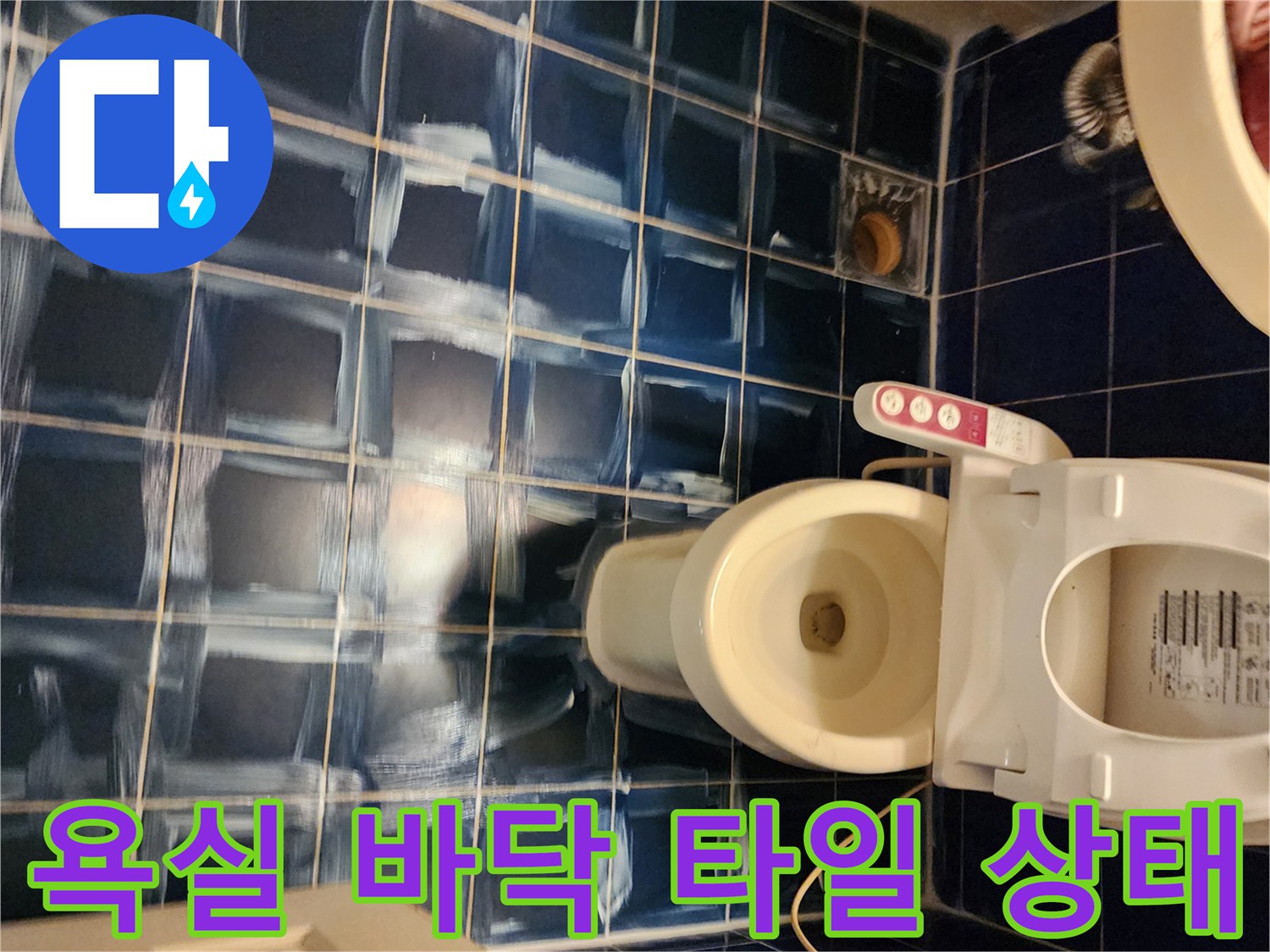 포천 소흘읍 화장실-푸른색 타일 바닥과 변기 주변 모습