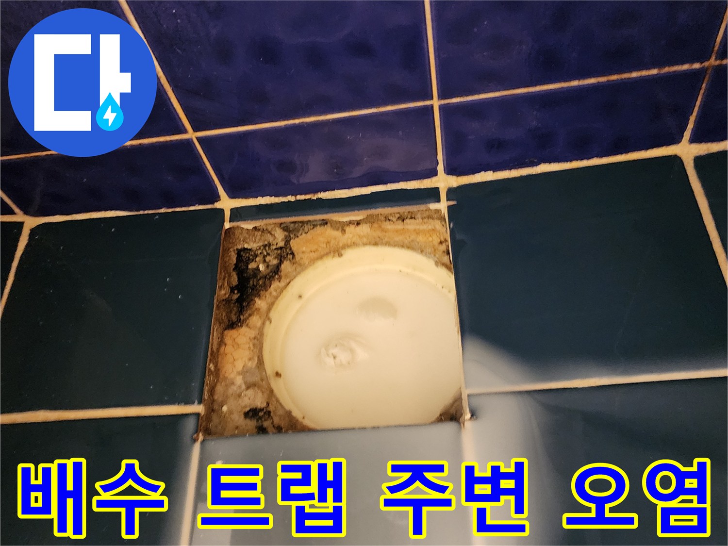 화장실-배수트랩 주변의 젖은 타일과 변색된 마감재
