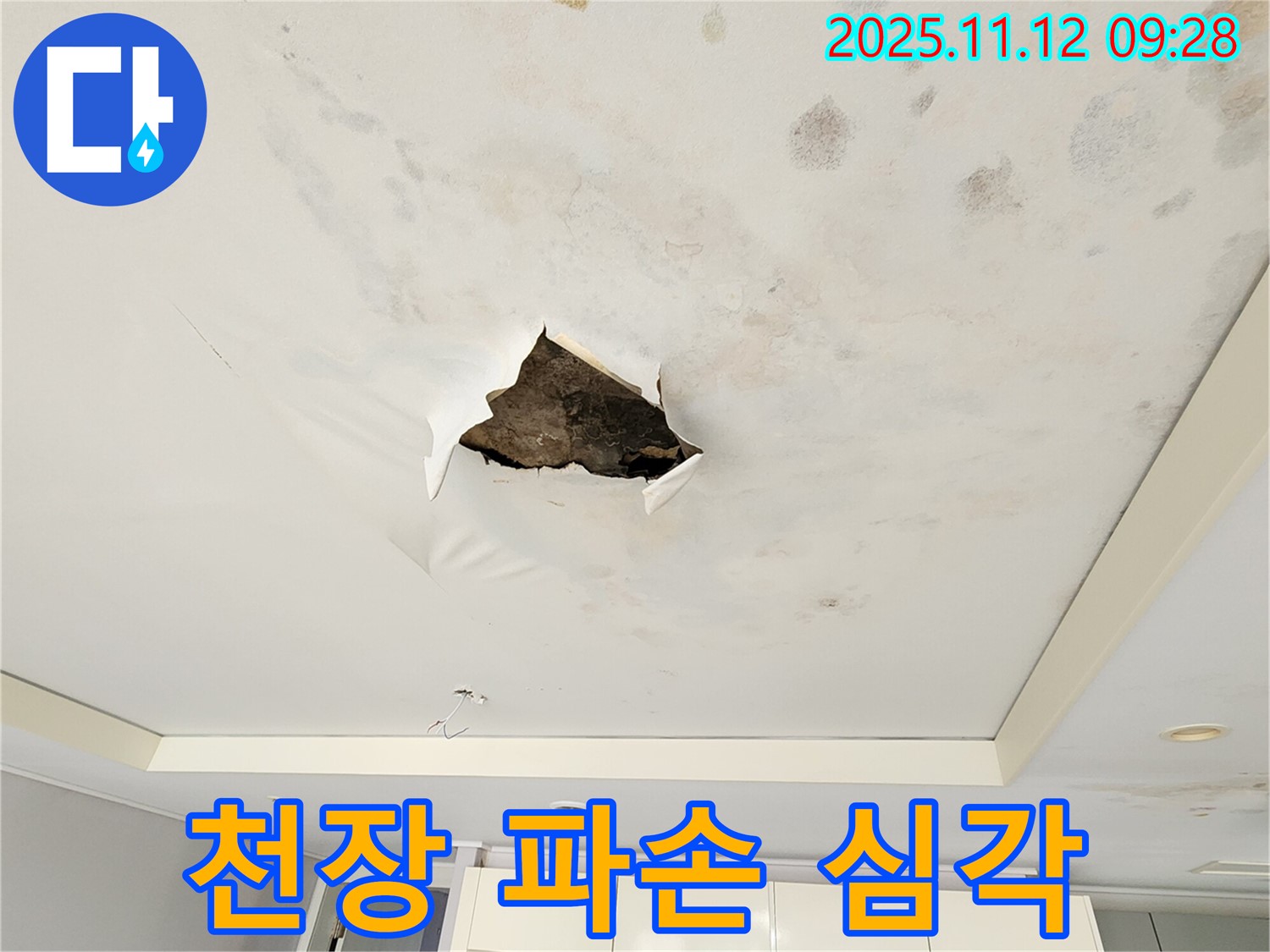 천장 파손 심각 - 찢어진 천장이 점점 더 크게 파손되어 내려앉기 직전의 모습입니다.