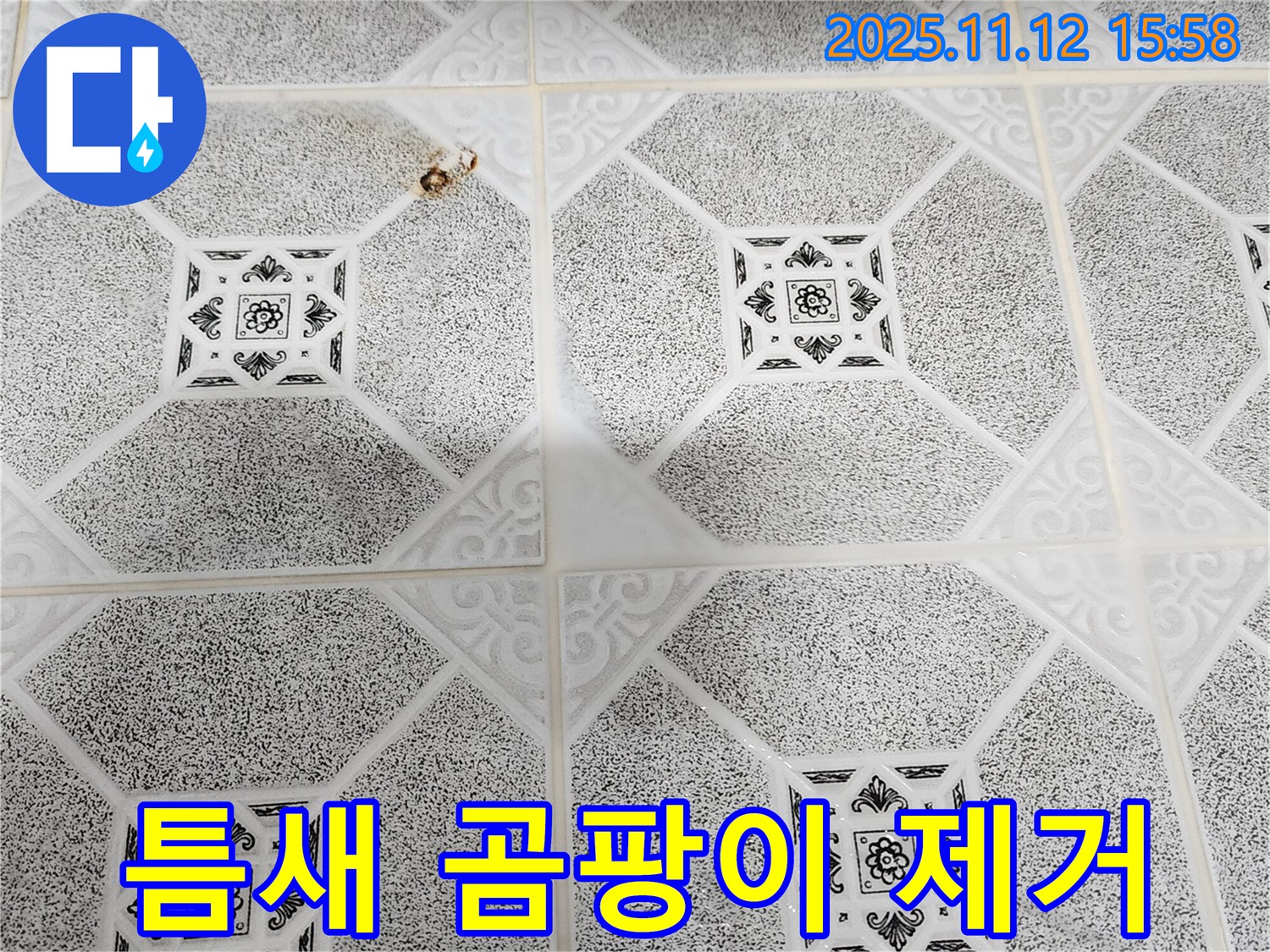 군내면 구읍리 누수 해결 - 타일 틈새에 핀 곰팡이를 깨끗하게 제거하고 있습니다!