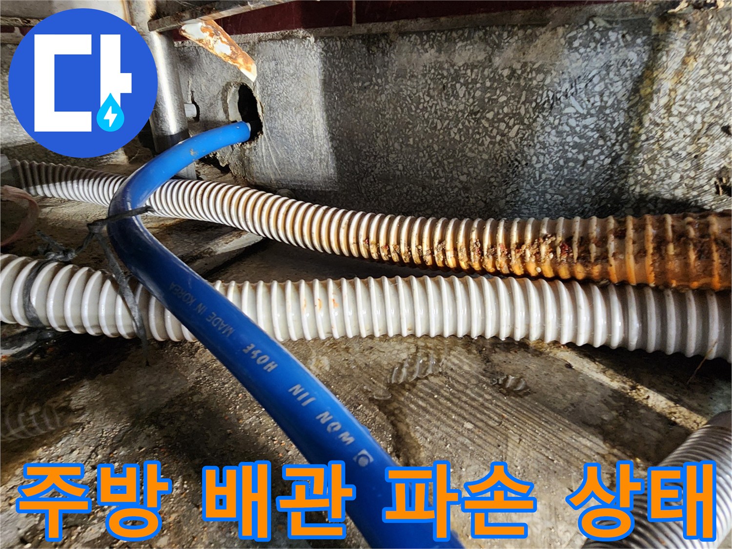 식당 주방 바닥 아래-파손된 배관과 습기 찬 벽면 모습