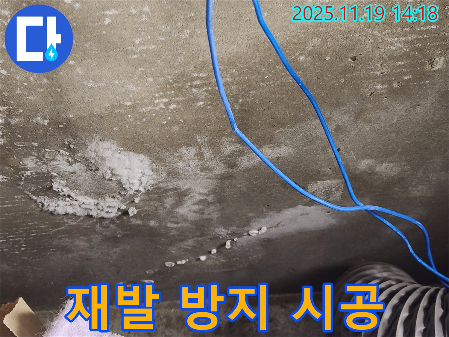 콘크리트 천장 균열 누수 재발 방지 시공 사진 - 누수 재발을 막기 위한 꼼꼼한 시공 과정을 보여줍니다.