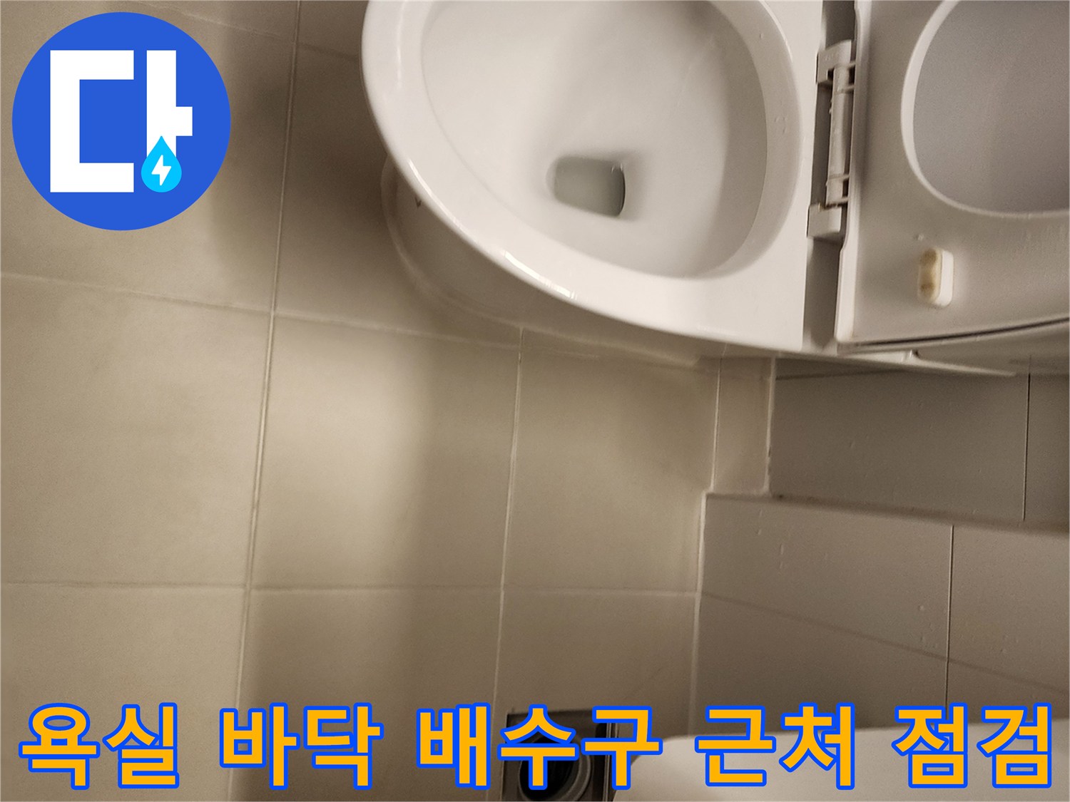 변기와 욕실 배수구가 인접한 바닥 타일 구간