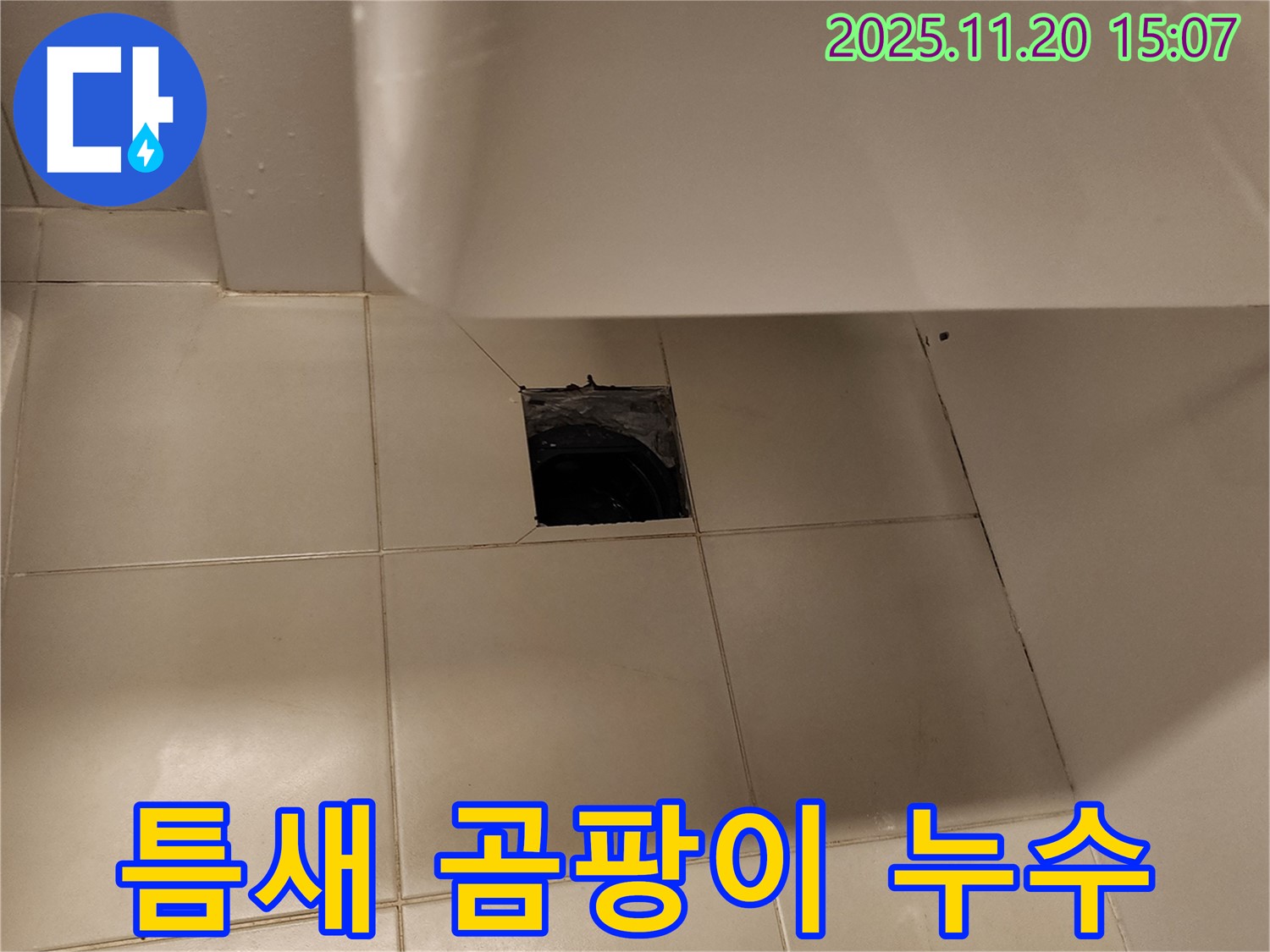 세면대 바닥 배수구 주변 타일 틈새 곰팡이로 인한 누수 - 포천 가산면 누수 전문 업체에서 곰팡이 제거 및 틈새 보수
