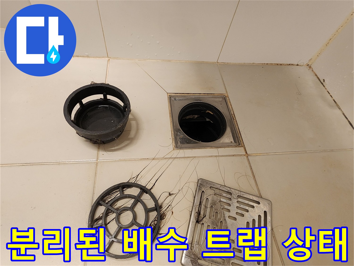 욕실 배수구 주변의-오염된 거름망과 분리된 유가 부속입니다.