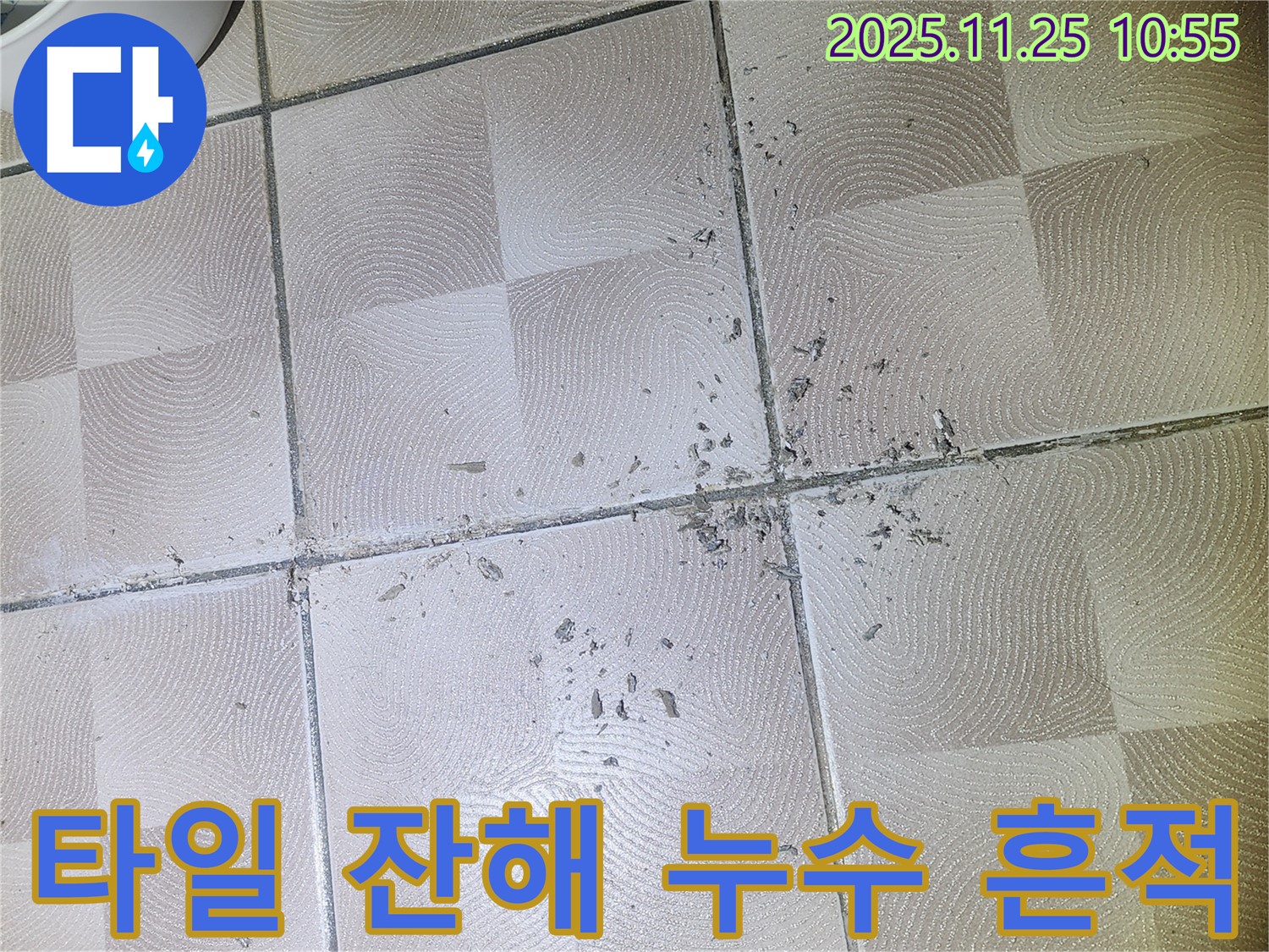 센트럴타운로 - e편한세상 광교 아파트 누수, 깨진 타일 잔해 속에서 누수 흔적을 발견했습니다.