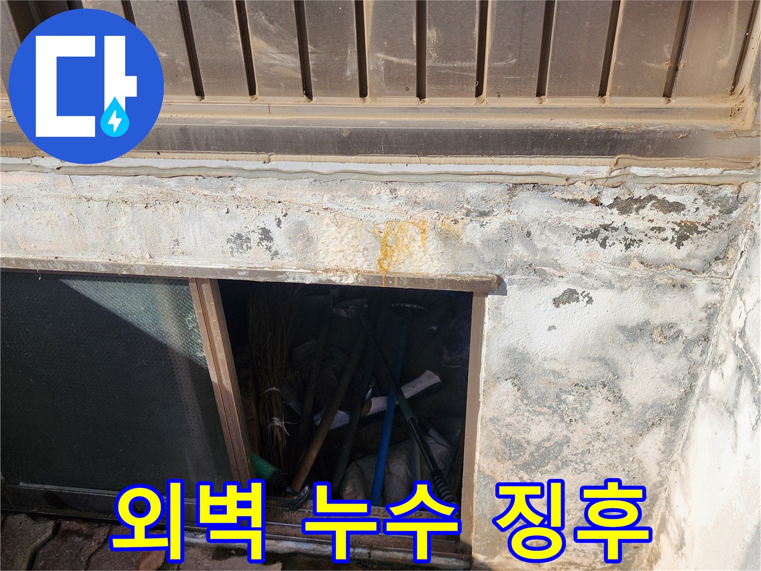 황색 얼룩과 습기가 관찰되는 외벽 하단부 상세