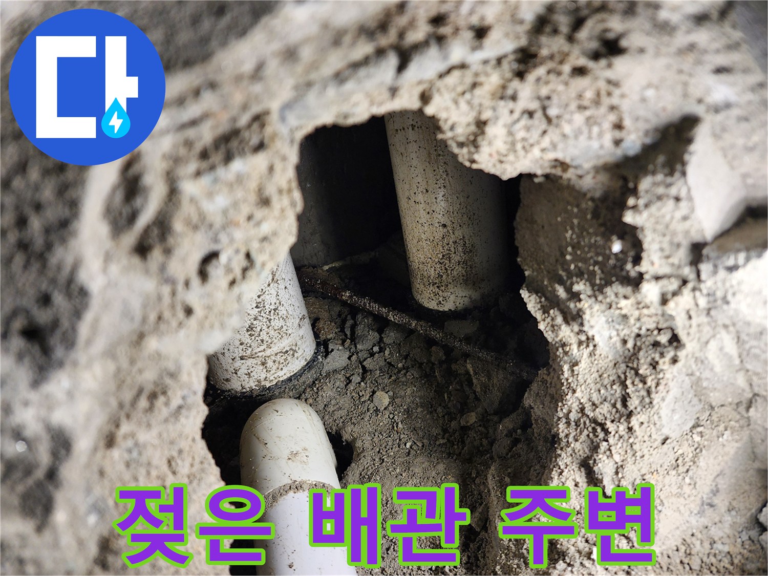 누수가 진행 중인 것으로 보이는 젖은 토양과 PVC 파이프