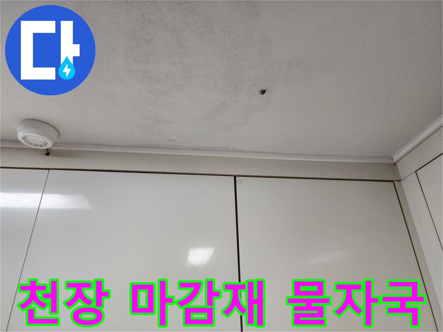 물샘으로 인해 변색된 천장 마감재와 조명 주변 흔적