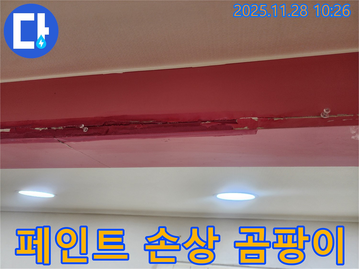 붉은색 천장 페인트 손상 곰팡이 - 누수로 인해 페인트가 심하게 손상되고 곰팡이가 넓게 퍼져 쾌적한 환경을 해치는 모습입니다.