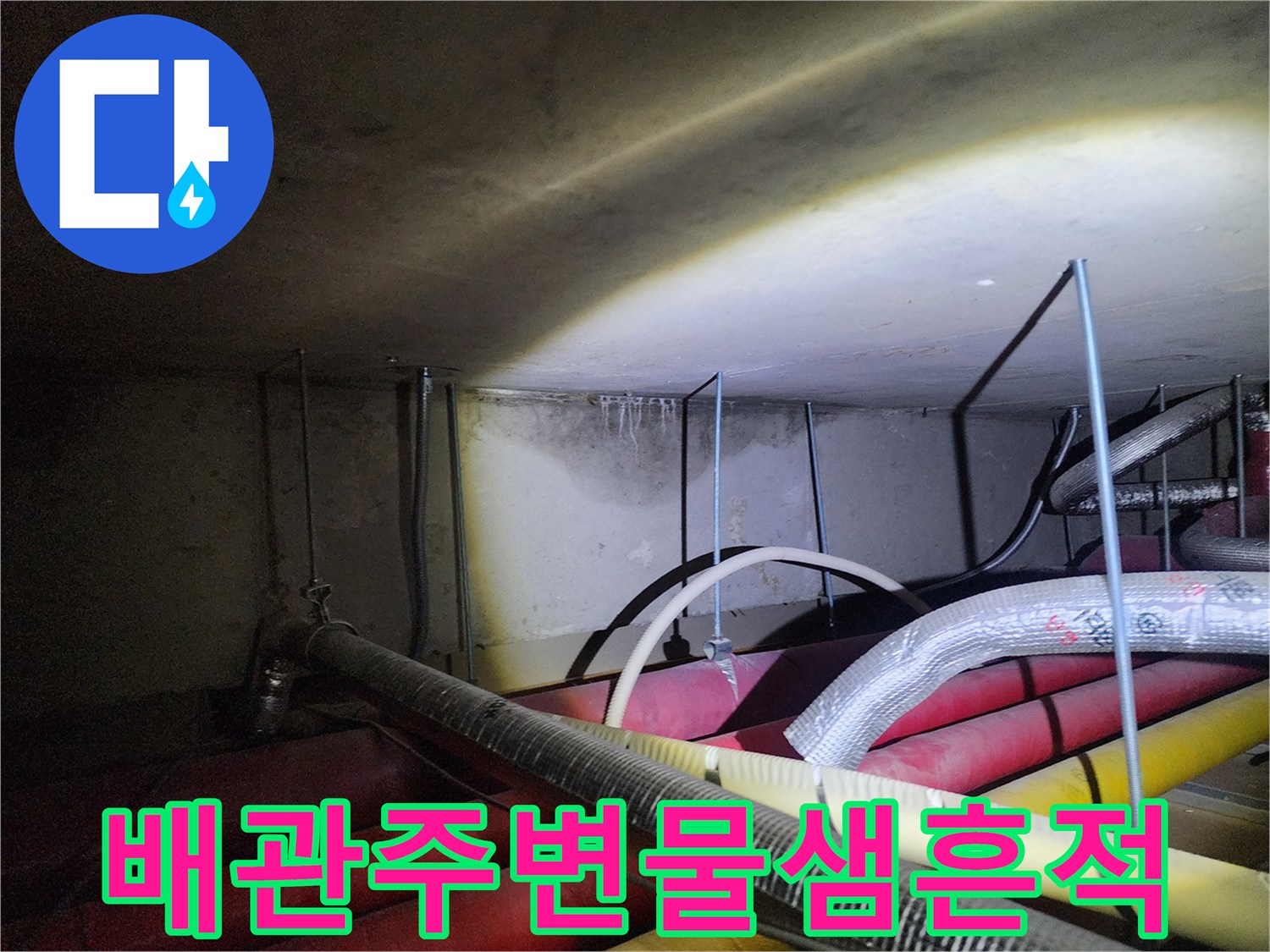 신북면 현장-복잡하게 얽힌 배관 사이의 습기 및 누수 흔적