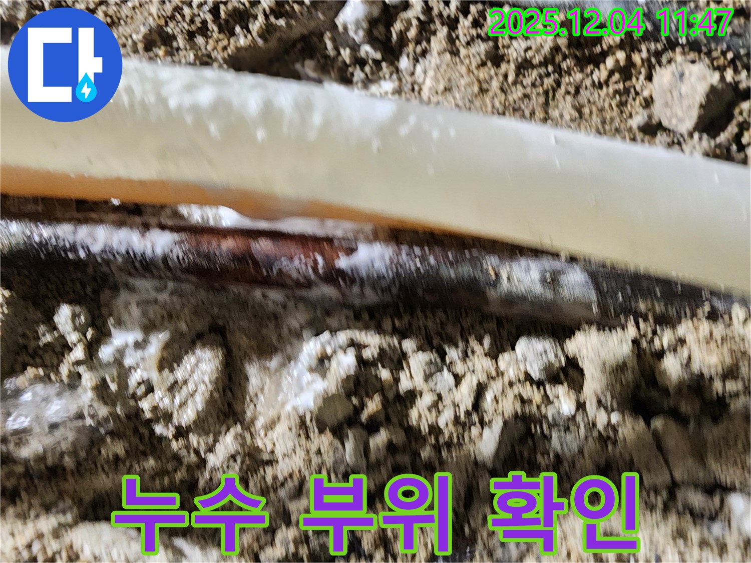 포천시 일동면 기산리 누수 현장 - 누수가 발생한 배관 부위를 자세히 살펴보고 있습니다.