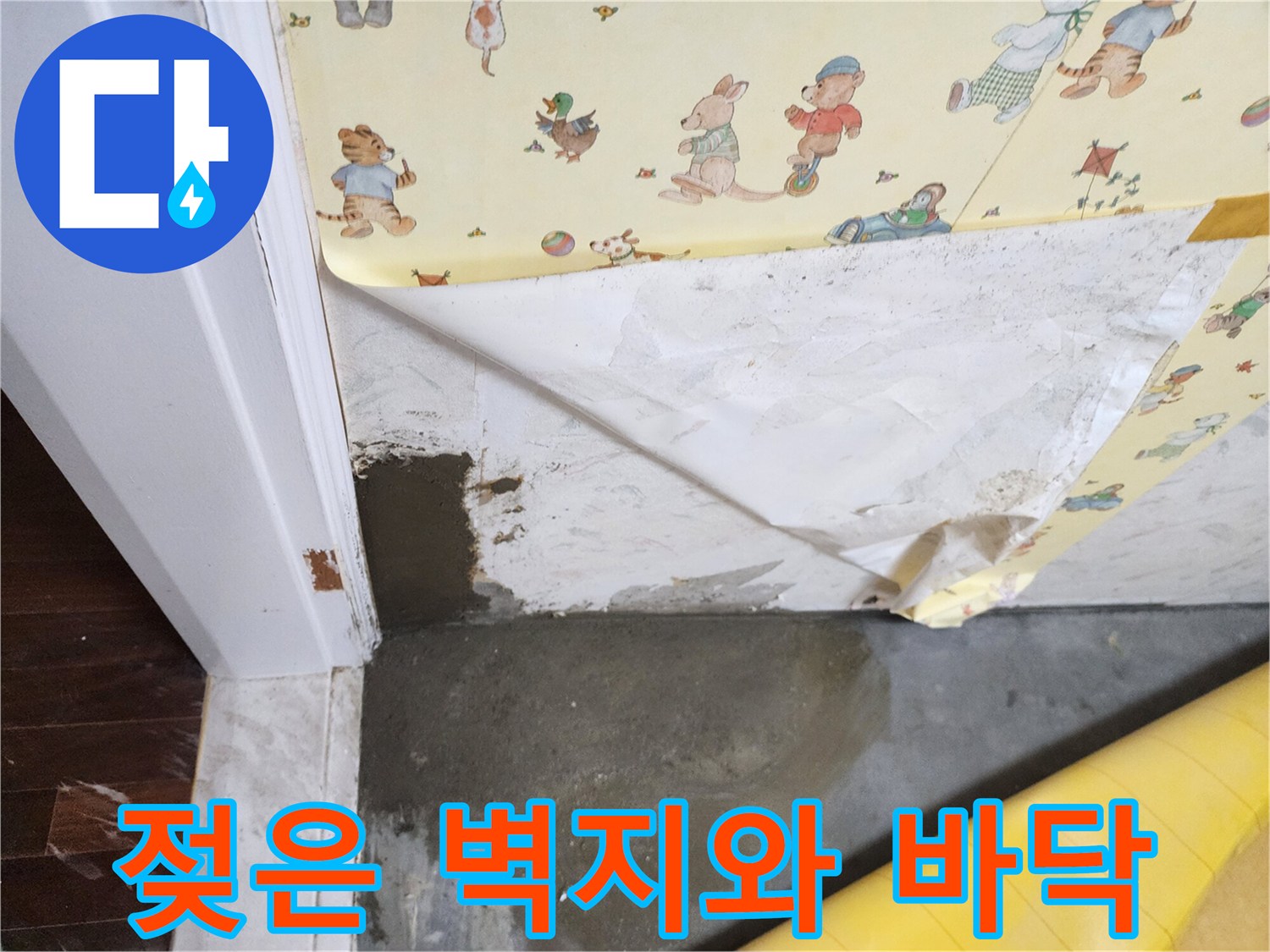 벽지가 젖어 들고 하단 바닥에 습기가 보이는 현장 모습입니다