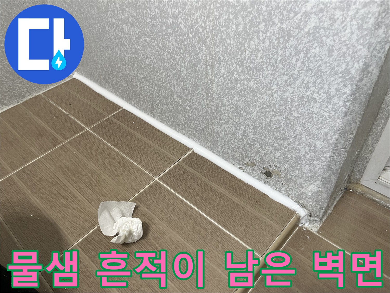 습기가 침투하여 색이 변한 타일과 벽체 경계