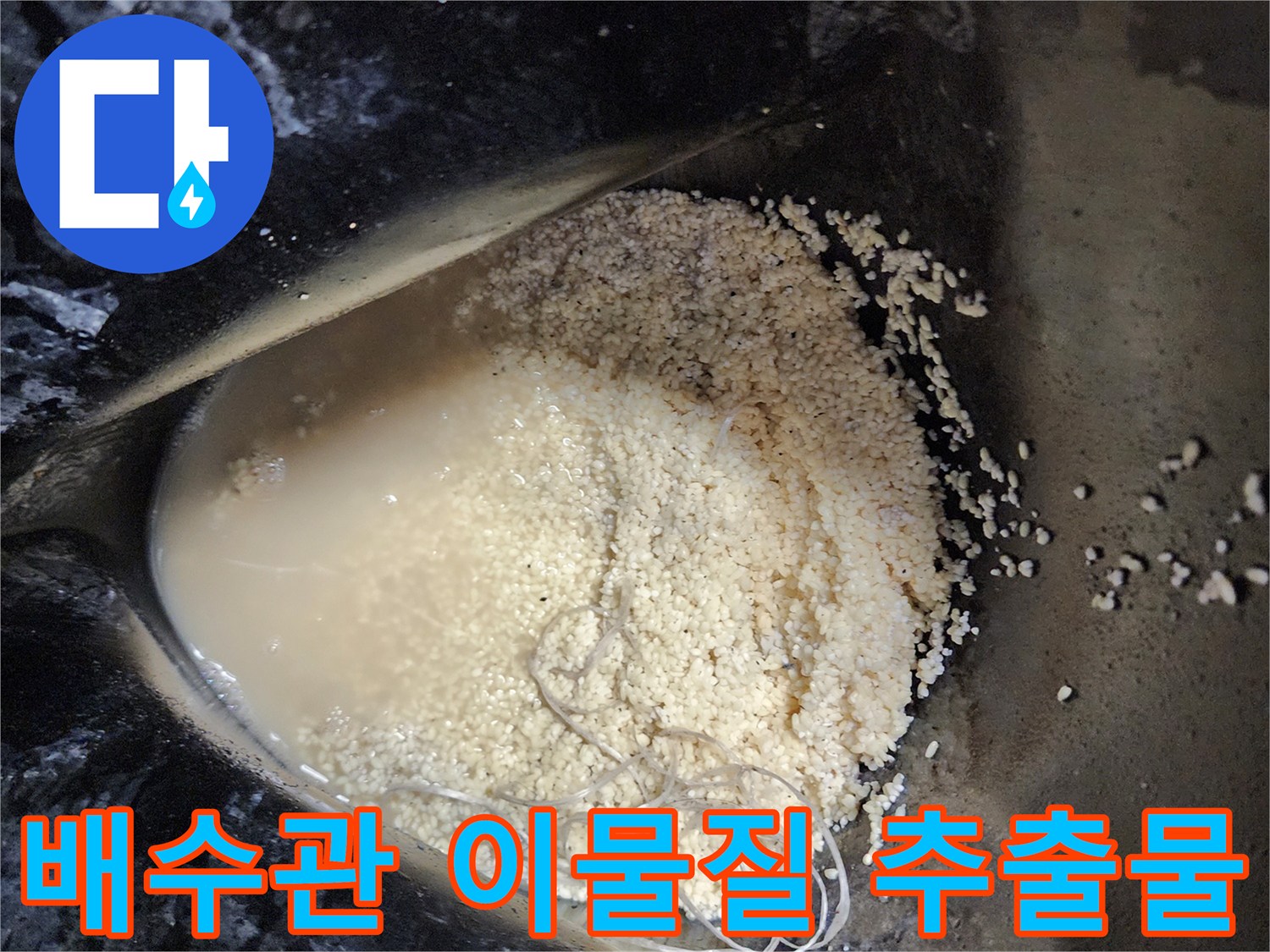 배수관 내부에서 추출된-기름 슬러지와 오염된 물의 모습