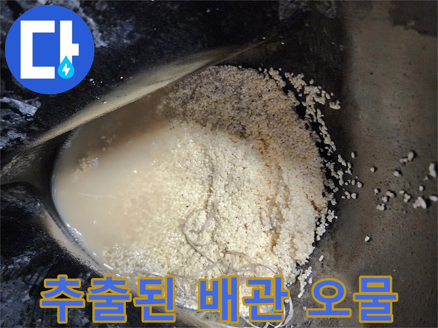 석션 작업 후 수거된 배수관 내부의 기름 슬러지 덩어리