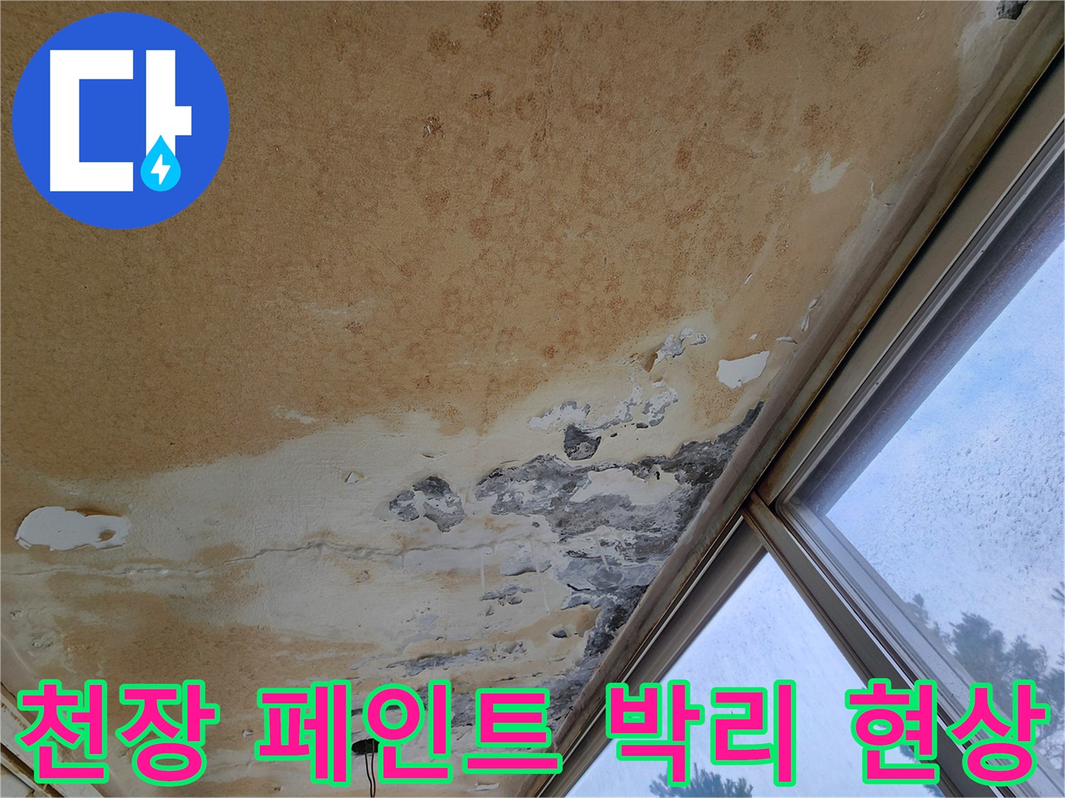 습기로 인해 부풀어 오른 베란다 천장 마감재와 곰팡이 흔적
