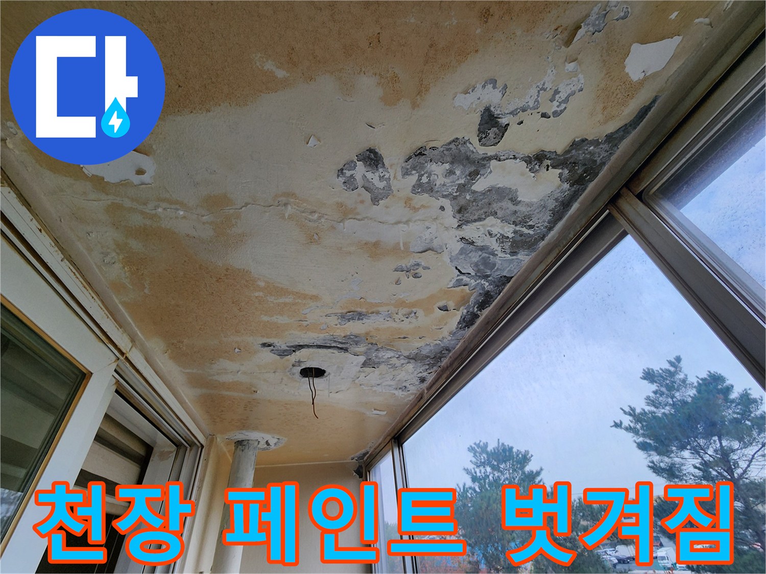 천장 마감재가 누수로 인해 들뜨고 곰팡이가 발생한 현장 사진입니다.