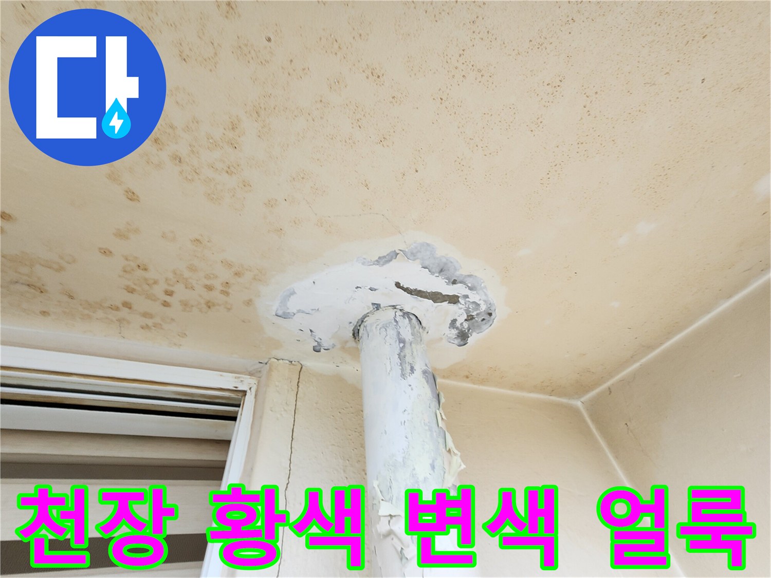 천장-면적을-덮고있는-황색의-심한-변색-및-곰팡이