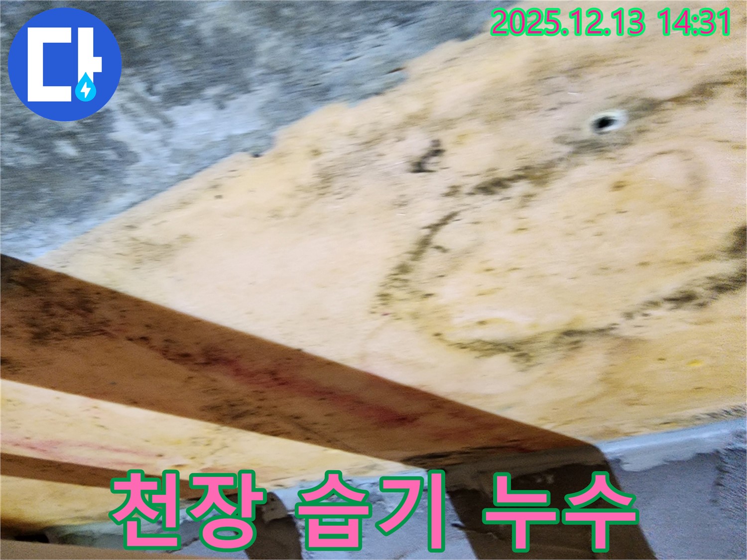 천장에 습기가 찬 모습 - 누수로 인해 습도가 높아진 것을 알 수 있다.