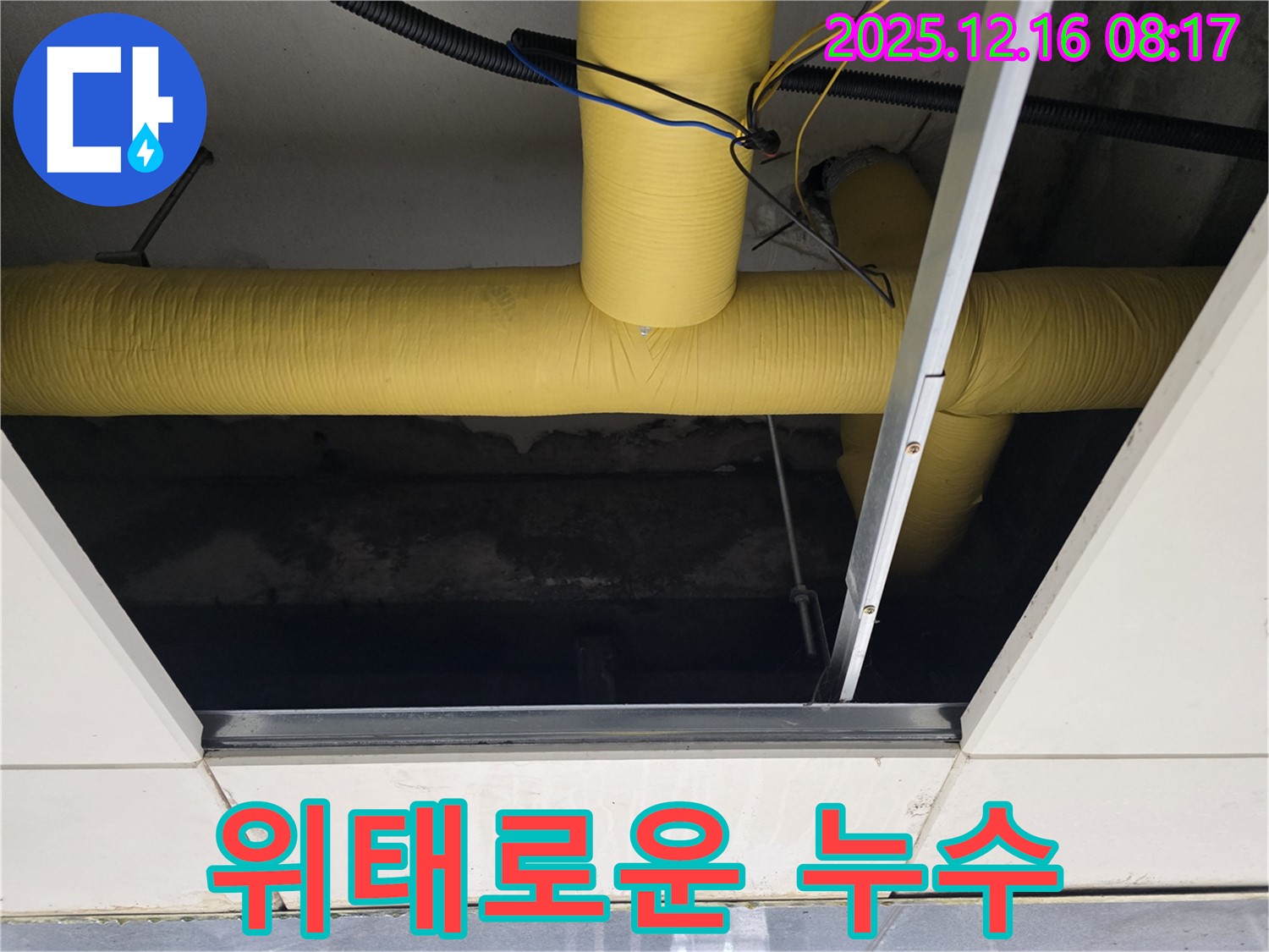 경기 광주 텍스 천장 누수 - 텍스 천장 속 노란 배관의 위태로운 누수, 긴급하게 조치