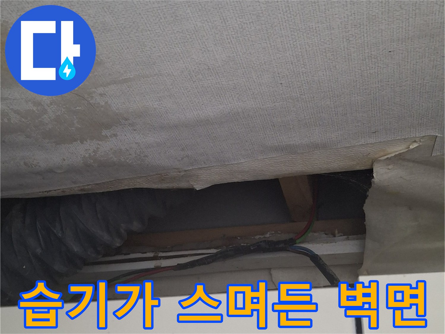 배관 주변 습기 침투-물기를 머금어 변색된 벽지 부분