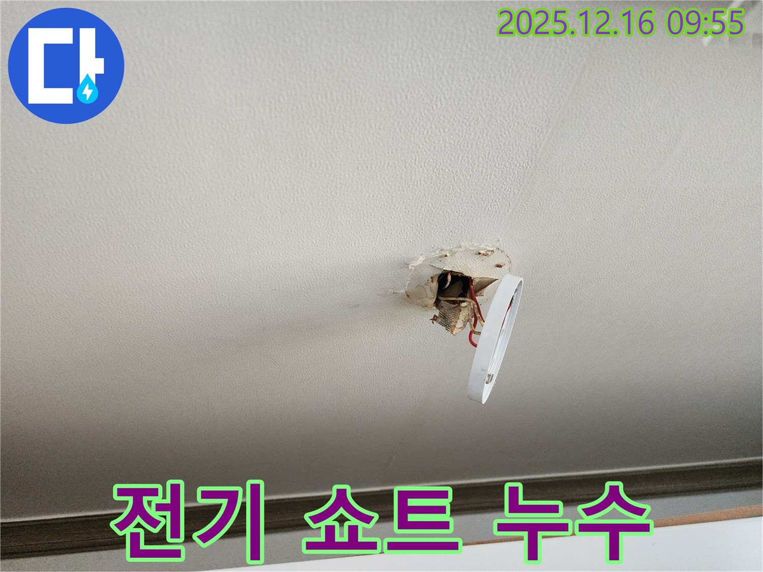 운천리 천장 누수 - 전기 배선 주변 누수 위험을 보여주는 사진입니다.